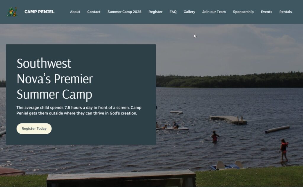 Camp Peniel website header with lake picture